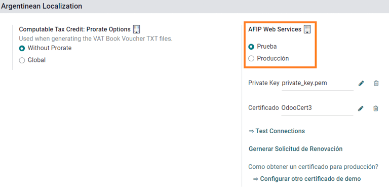 Válassza ki az AFIP adatbázis környezetet: Tesztelés vagy Éles.