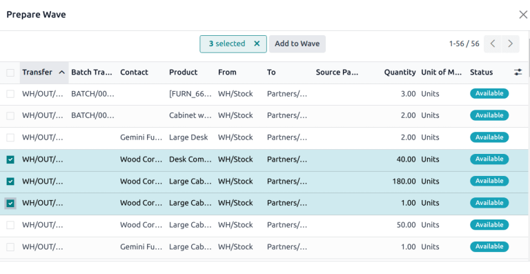 Válassza ki a hullámhoz hozzáadandó sorokat.