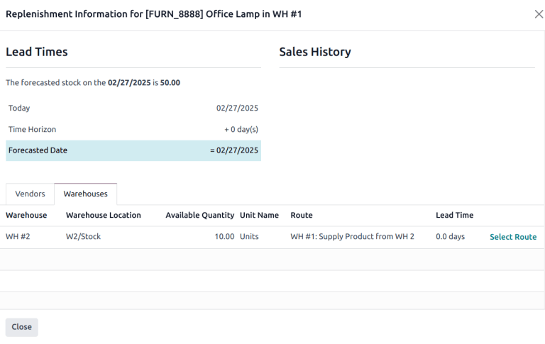A raktár fül a Készletfeltöltési Információ felugró ablakban.