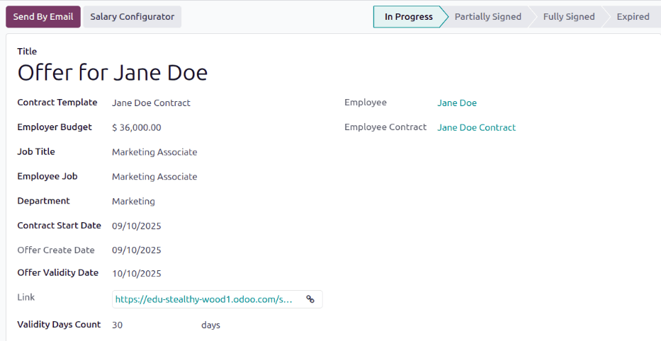 Küldje el a szerződést az alkalmazottnak az egyik gomb segítségével.