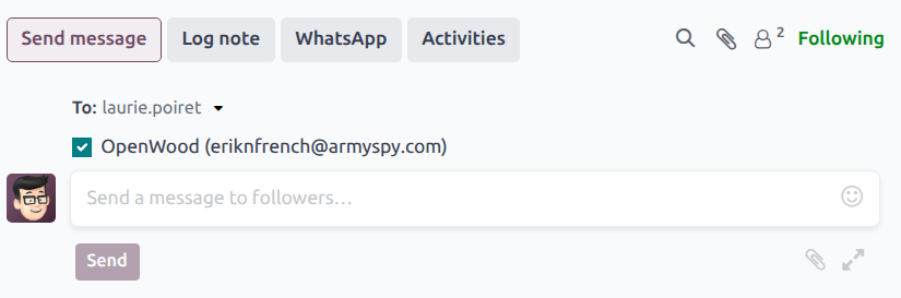 Egy csevegő szerkesztő, amely üzenetet készül küldeni egy CRM lehetőség követőinek és a lehetőség rekordján szereplő ügyfélnek.Egy csevegő komponáló, amely üzenetet készül küldeni egy CRM lehetőség követőinek és a lehetőség rekordján szereplő ügyfélnek.