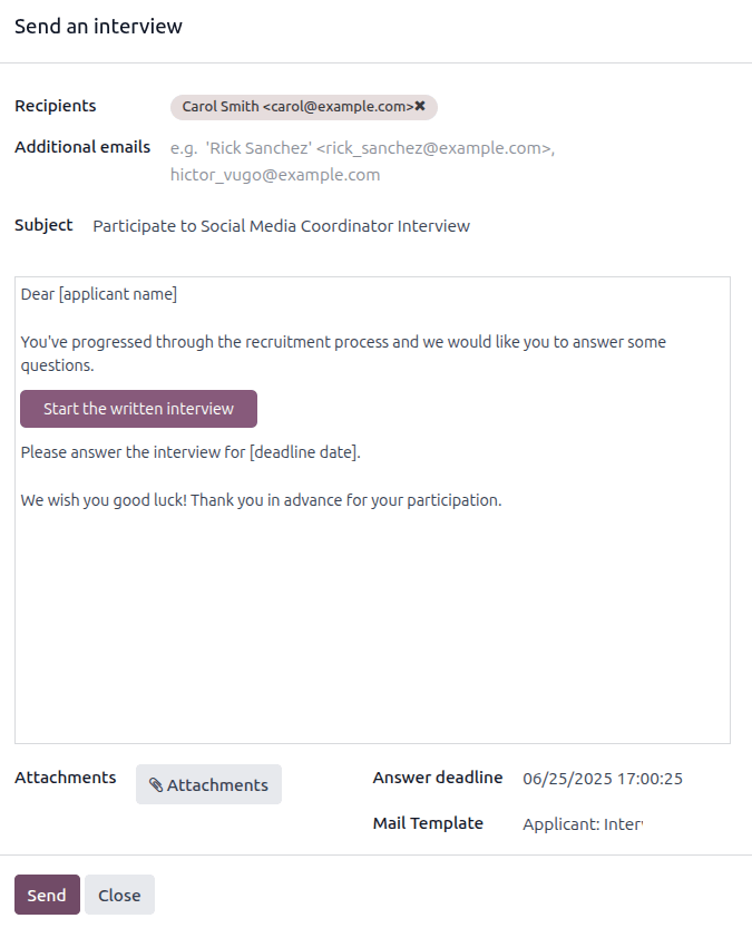 Küldjön egy egyedi kérdőívet, más néven interjú űrlapot, egy pályázónak egy előre konfigurált sablon használatával.