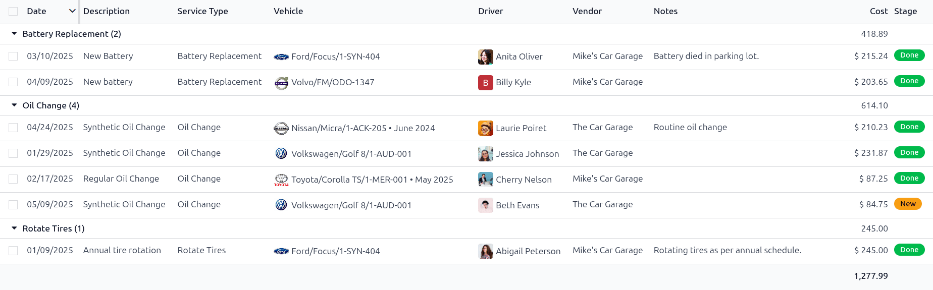 Az Odoo adatbázisban található szolgáltatások teljes listája.