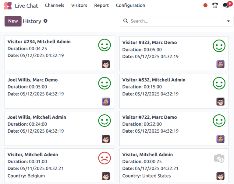 Példa a Munkamenetek előzményei jelentésre a Live Chat alkalmazásból.