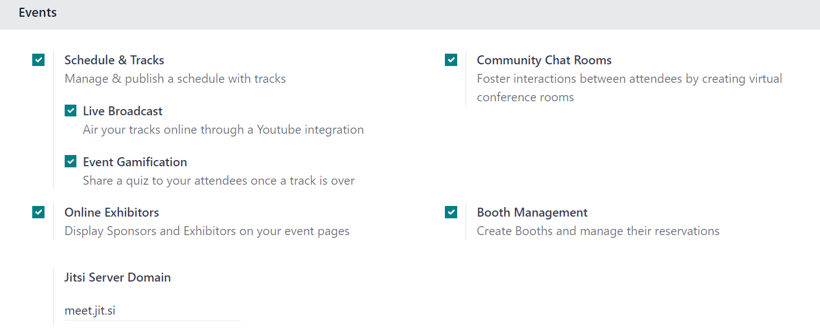 Az Események szekció az Odoo Események beállítások oldalán az Odoo Események alkalmazásban.