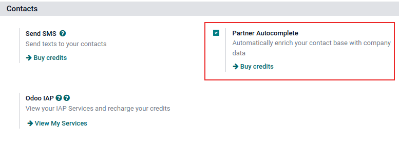 A beállítások oldalának nézete és a funkció aktiválása az Odoo-ban.
