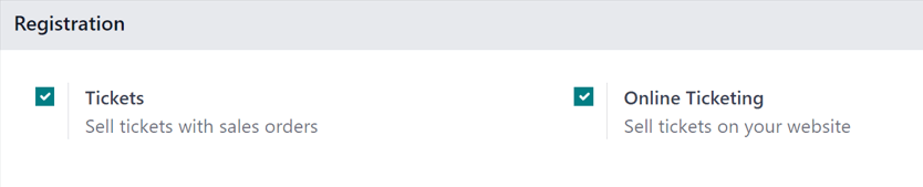 A Regisztráció szekció az Odoo Events beállítások oldalán az Odoo Events alkalmazásban.