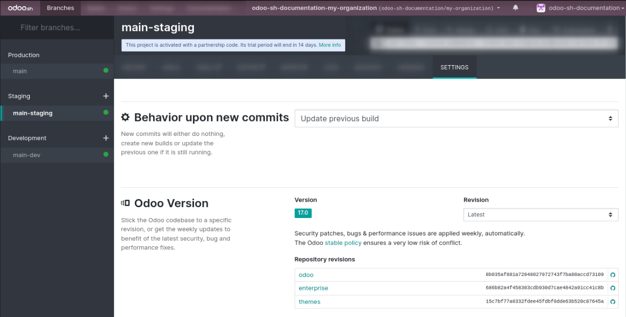 Az ágak beállításai fül