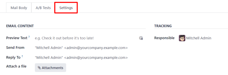 A beállítások fül nézete az Odoo Email Marketing alkalmazásban, kampánybeállítás aktiválása nélkül.