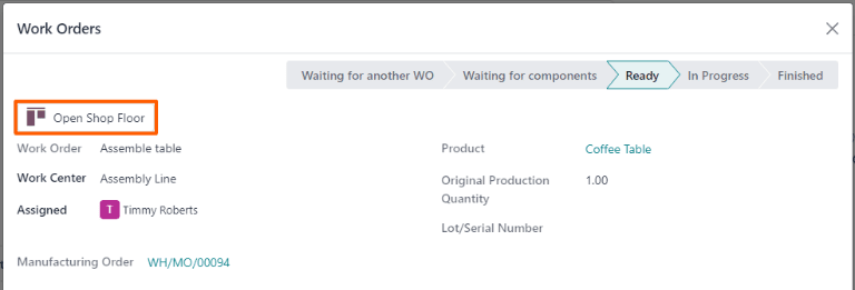 A gyártási rendelés munkarendeléséhez tartozó Open Shop Floor gomb.