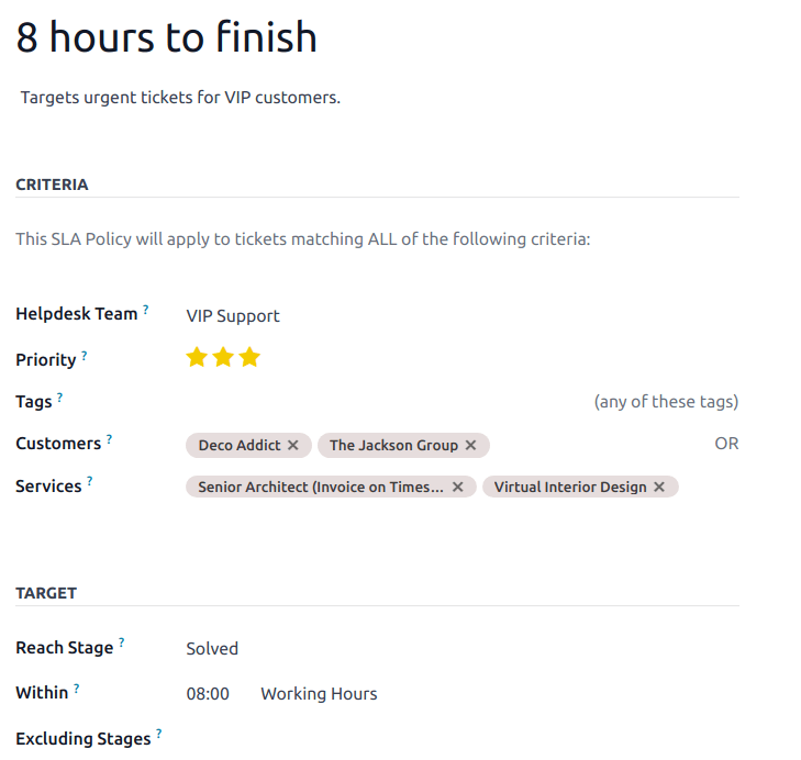 Egy új SLA irányelv rekordjának nézete, amelyen minden releváns információ meg van adva.
