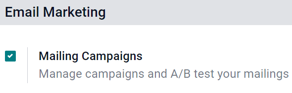 A levelezési kampányok beállításának nézete az Odoo-ban.