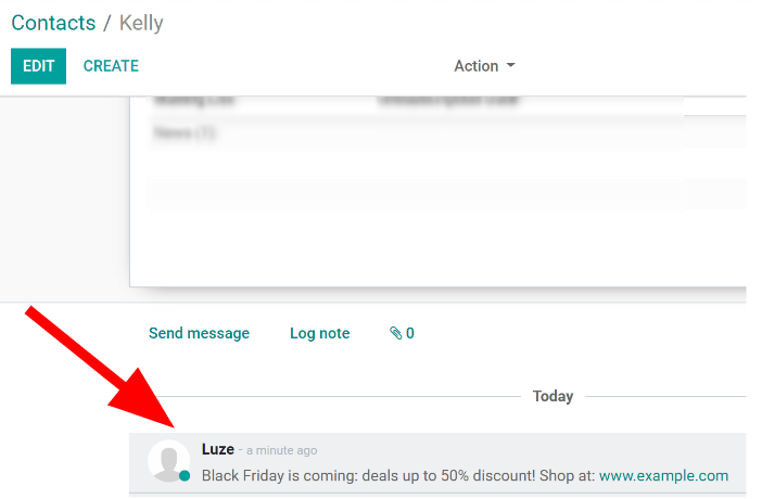 A chatter kinézetének nézete az Odoo Kapcsolatok alkalmazásban.