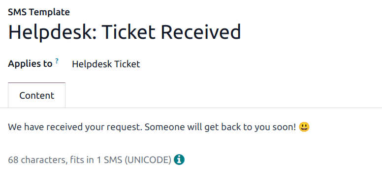 Egy SMS sablon beállítási oldalának nézete az Odoo Helpdeskben.