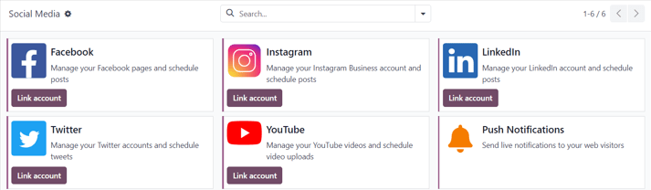 A közösségi média oldal nézete az Odoo Social Marketing alkalmazásban.