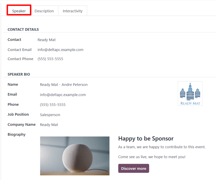 Az Odoo Events alkalmazás esemény nyomvonal űrlapján található Előadó fül.