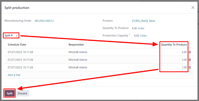 A gyártási rendelés bontásának felugró ablaka.