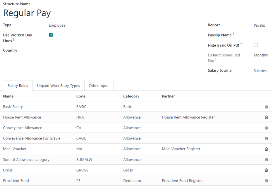 Rendszeres fizetés bérstruktúra részletei, az összes konkrét bérszabály felsorolásával.