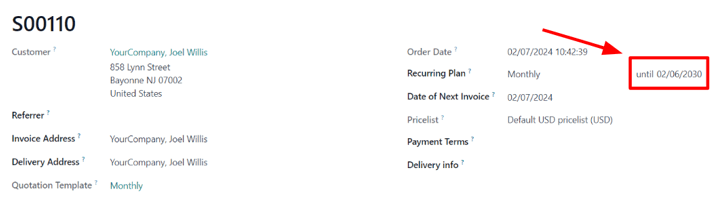 Az előfizetési értékesítési rendelés lejárati dátuma az Odoo Subscriptions-ben.
