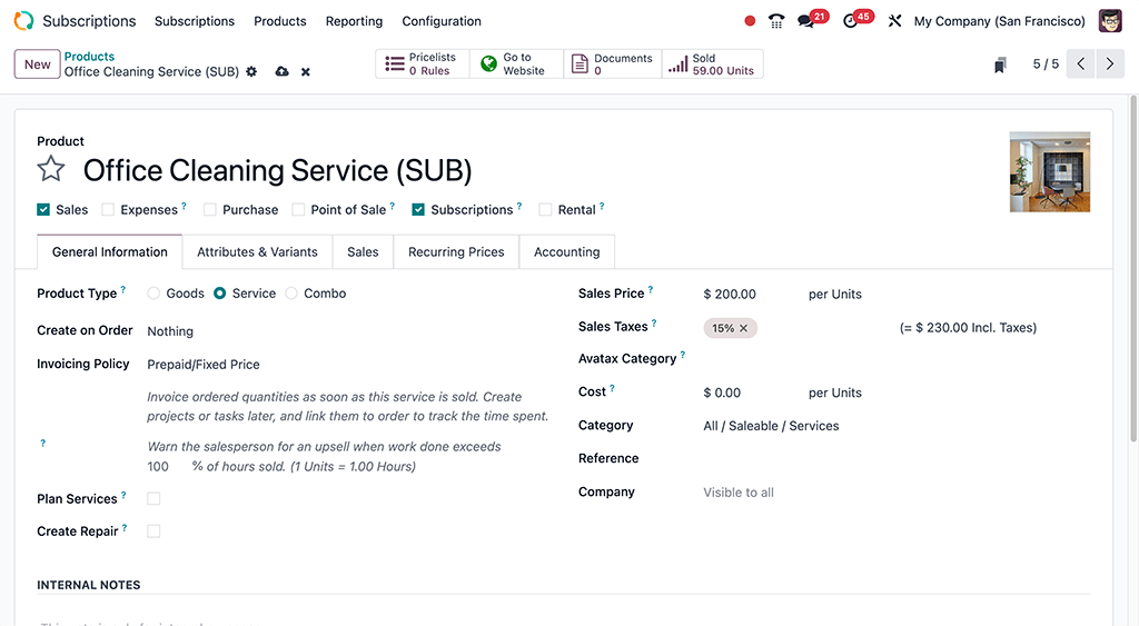Egy alapvető előfizetési termék űrlap az Odoo Subscriptions alkalmazásban.