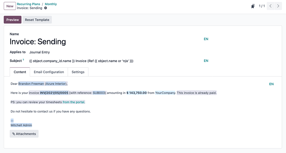 Egy Odoo e-mail sablon, amelyet az előfizetések számlázási üzeneteinek ügyfelekhez történő elküldésére használnak.