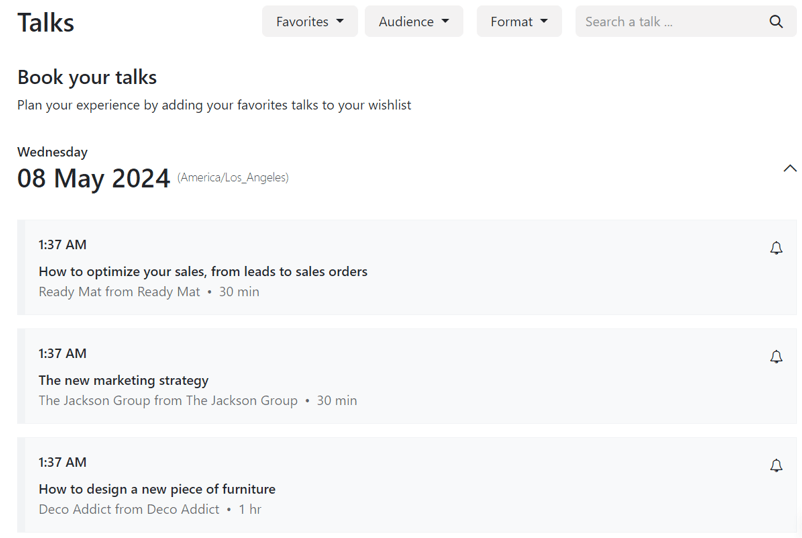 Az Odoo Események alkalmazásával épített esemény weboldalának Előadások oldala.