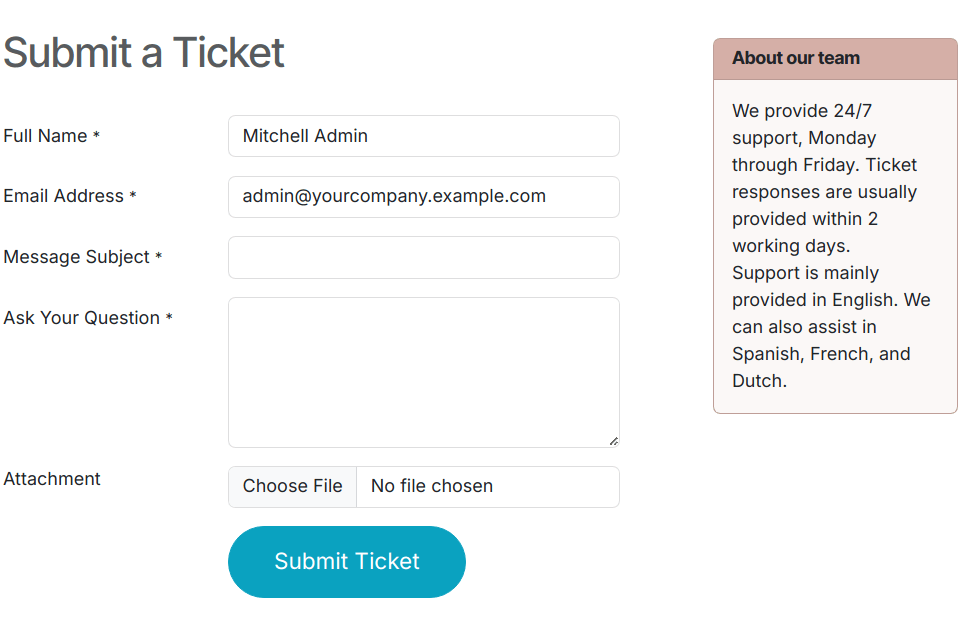 Egy Helpdesk csapat weboldalának űrlapjának nézete, amely a csapat leírását jeleníti meg.