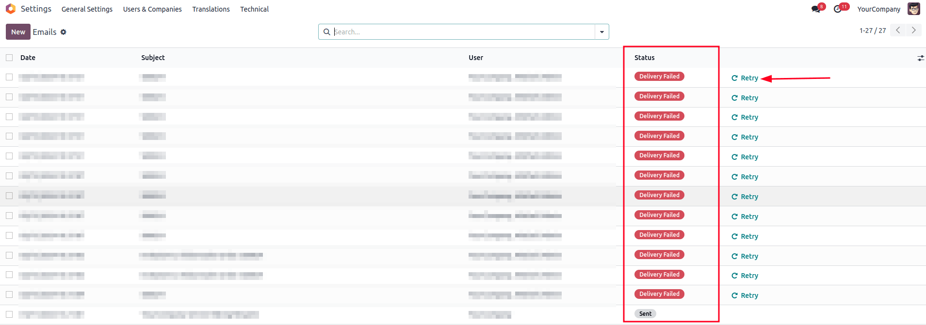 Példa a technikai email sor nézetére.