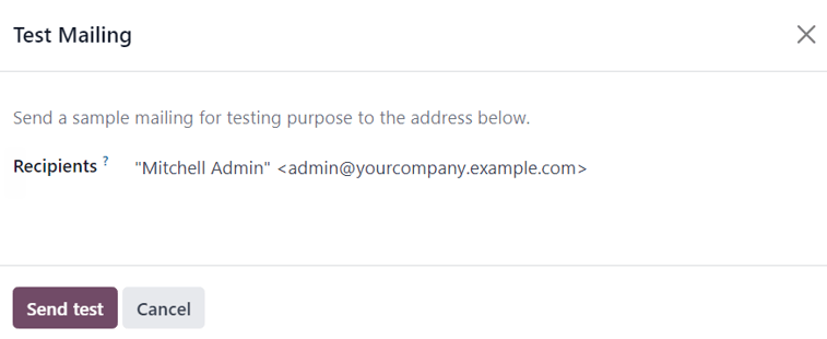 A felugró ablak nézete, amely akkor jelenik meg, amikor az e-mail űrlapon a teszt gombra kattintanak.