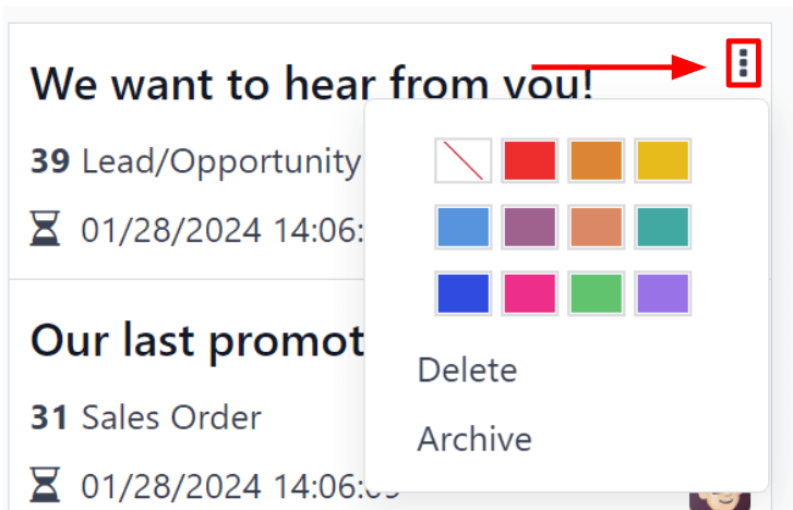 A hárompontos legördülő menü nézete az Odoo Email Marketing irányítópultján.