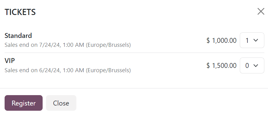 A jegyek felugró ablak, amely megjelenik az esemény weboldalán, amikor a 'Regisztráció' gombra kattintanak.