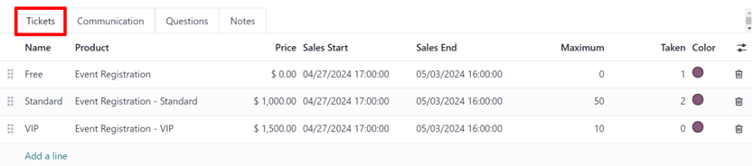 Egy tipikus jegyek fül az Odoo Események alkalmazás esemény űrlapján.