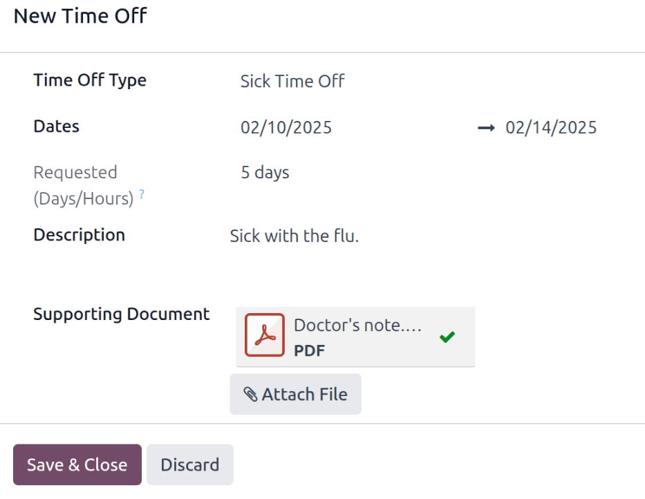 Egy szabadság kérés űrlap kitöltve egy influenzás betegséggel otthon maradt alkalmazott számára.