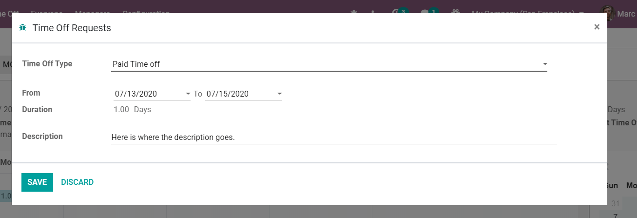 A szabadságkérés űrlapjának nézete az Odoo Time Off-ban