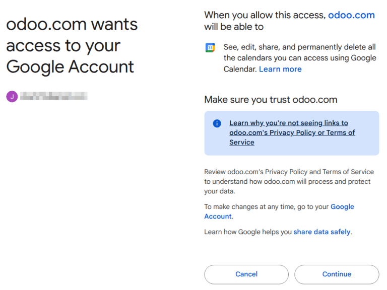 Adjon engedélyt az Odoo-nak a Google Naptár eléréséhez.