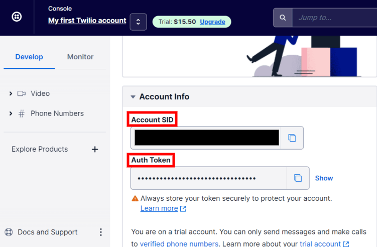 A Twilio Account SID és Auth Token az Account Info szakasz alatt található.