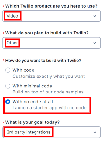 A Twilio üdvözlő oldala.