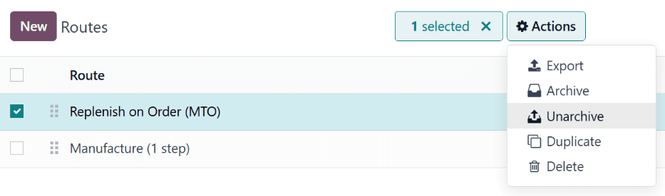 Az unarchive művelet a Routes oldalon.