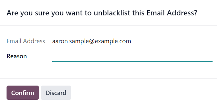 Az Odoo Email Marketing alkalmazás feketelista eltávolító felugró ablakának nézete.