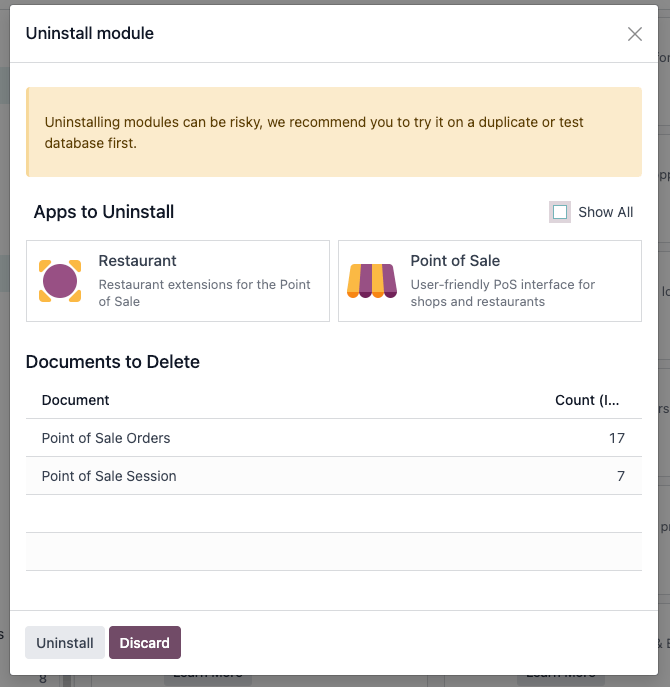 Egy figyelmeztető üzenet, amely megmutatja az eltávolított alkalmazásokat, ha a eltávolítás befejeződik.