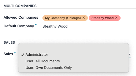 A Sales alkalmazások legördülő menüje a felhasználói jogosultsági szint beállításához.