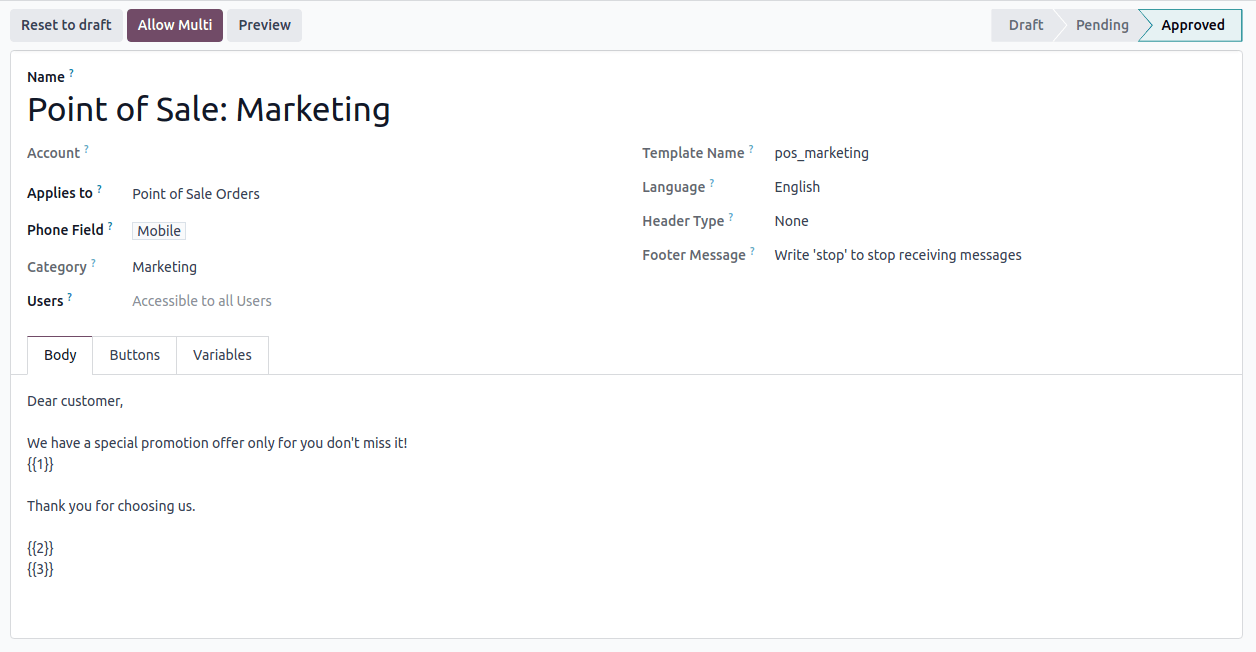 jóváhagyva és konfigurálva marketing célokra a whatsapp sablon