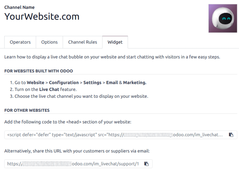 Az Odoo Live Chat widget fülének nézete.