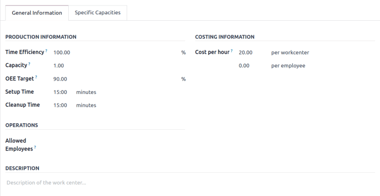 A munkaközpont űrlap általános információk füle.