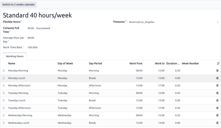 A Standard 40 óra/hét munkaidő űrlapja.